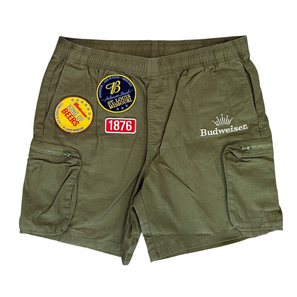 Budweiser PacSun Cargo Shorts Mens Medium Olive Green Vintage Style Patches NEW